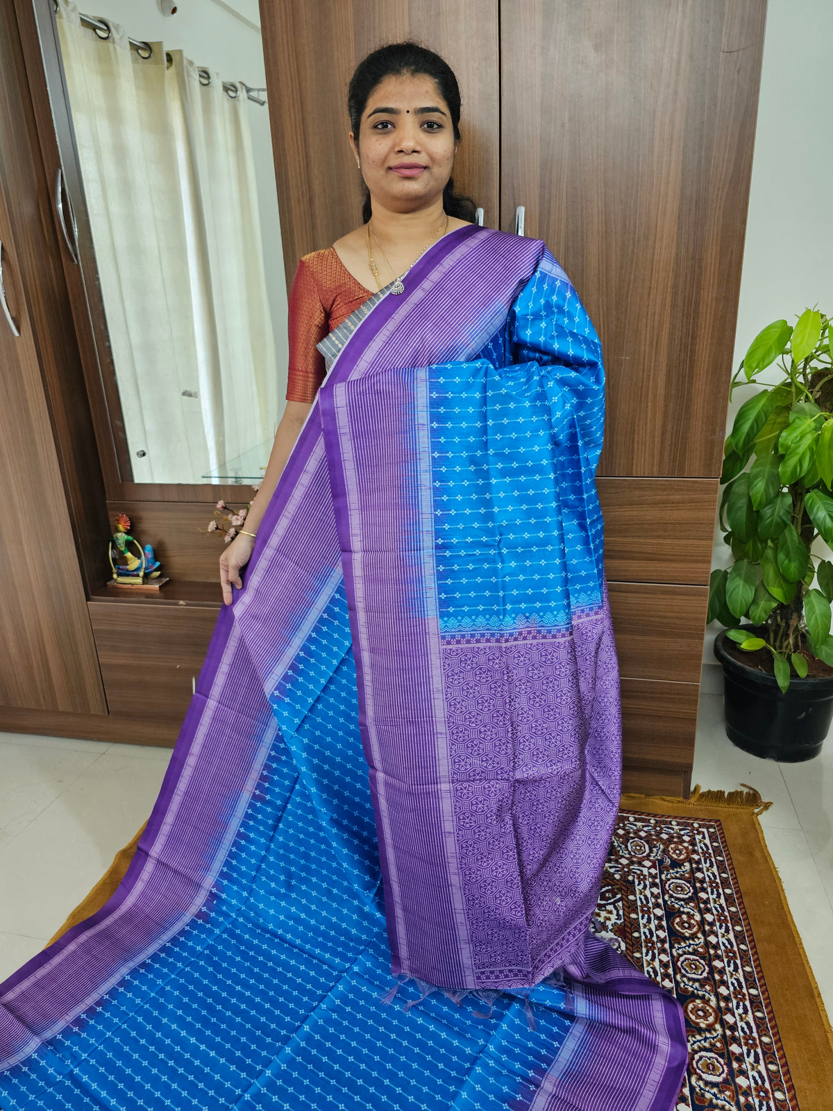 Semi Tussar with Digital Printed Saree - Blue with Purple