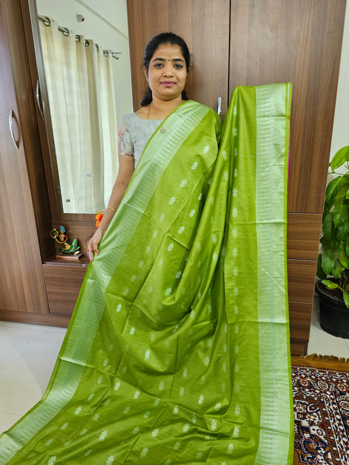 Bhagalpuri Silk Viscous Saree -  Green with Pink