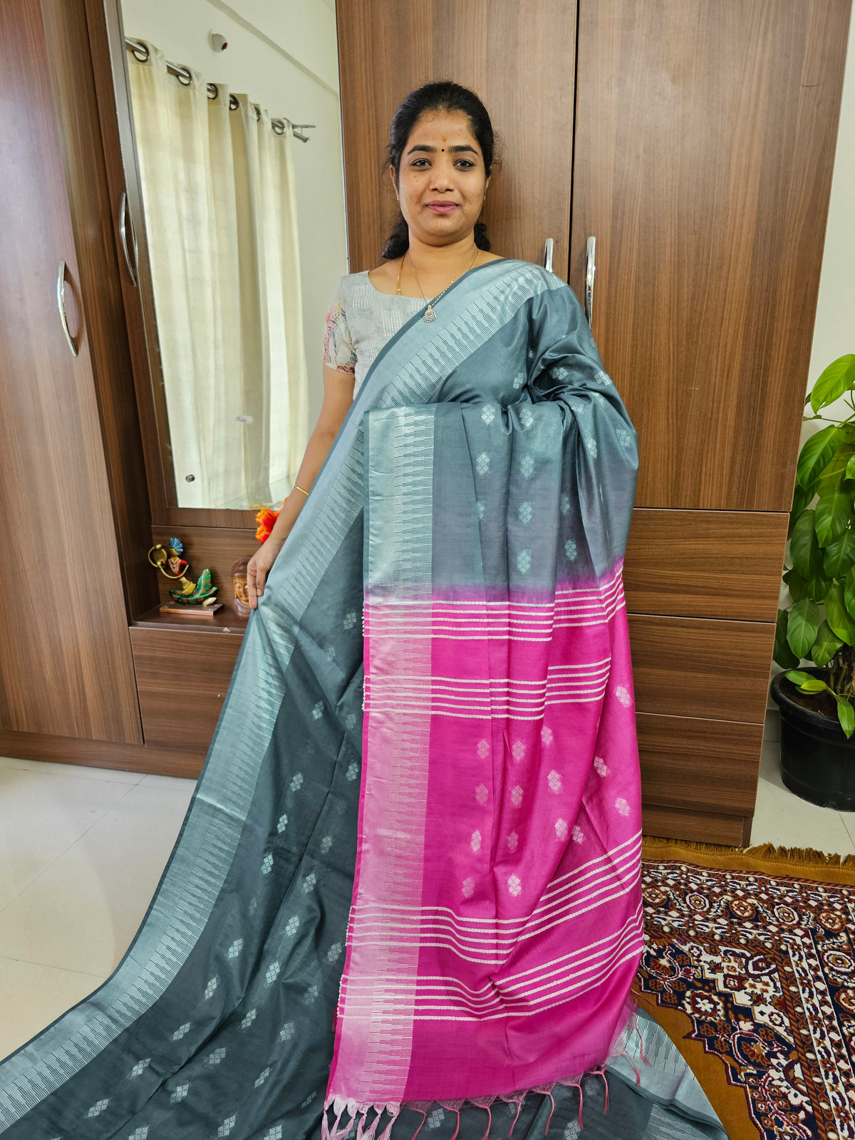 Bhagalpuri Silk Viscous Saree  - Grey with Pink