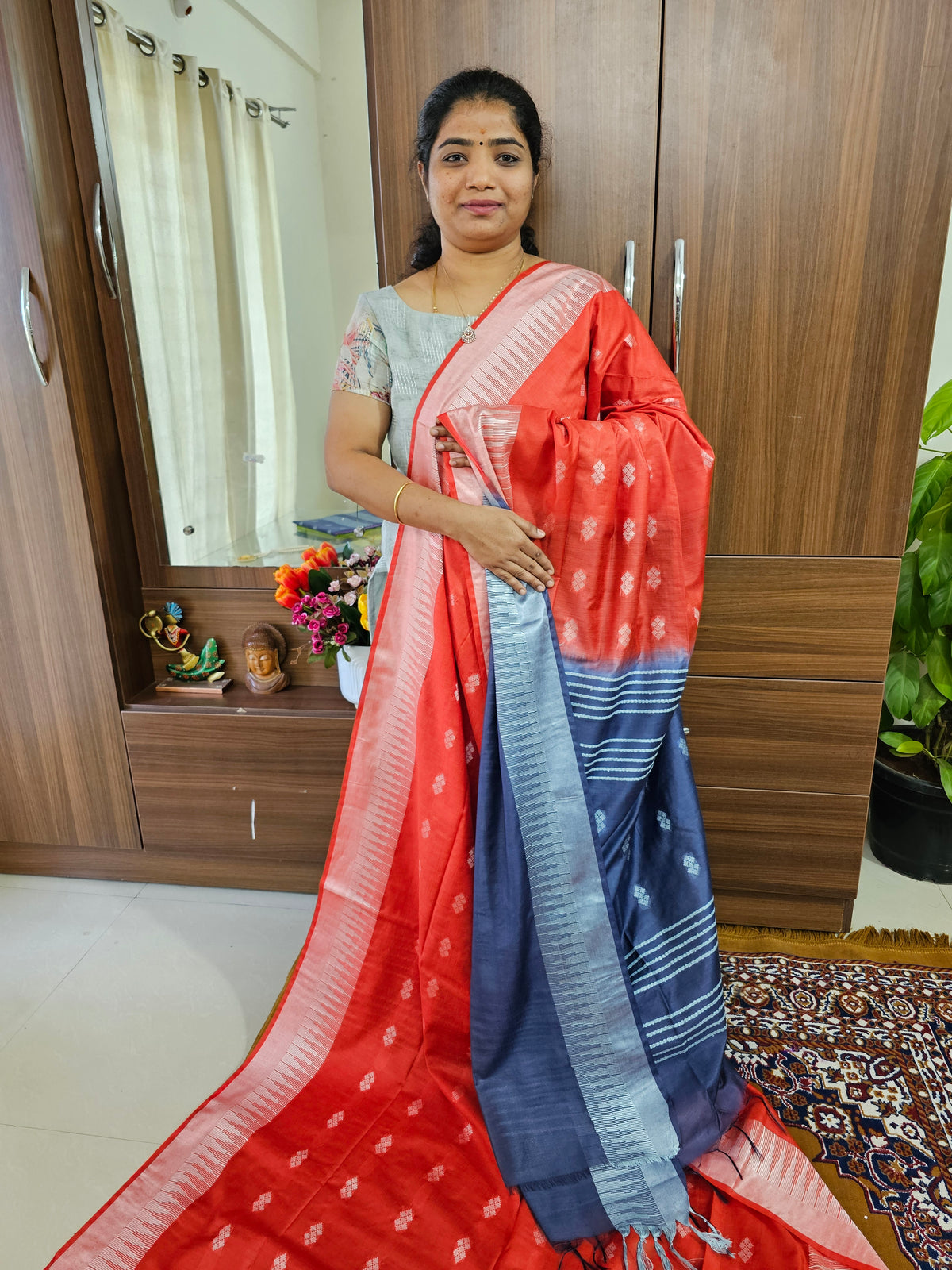 Bhagalpuri Silk Viscous Saree  - Red with Blue