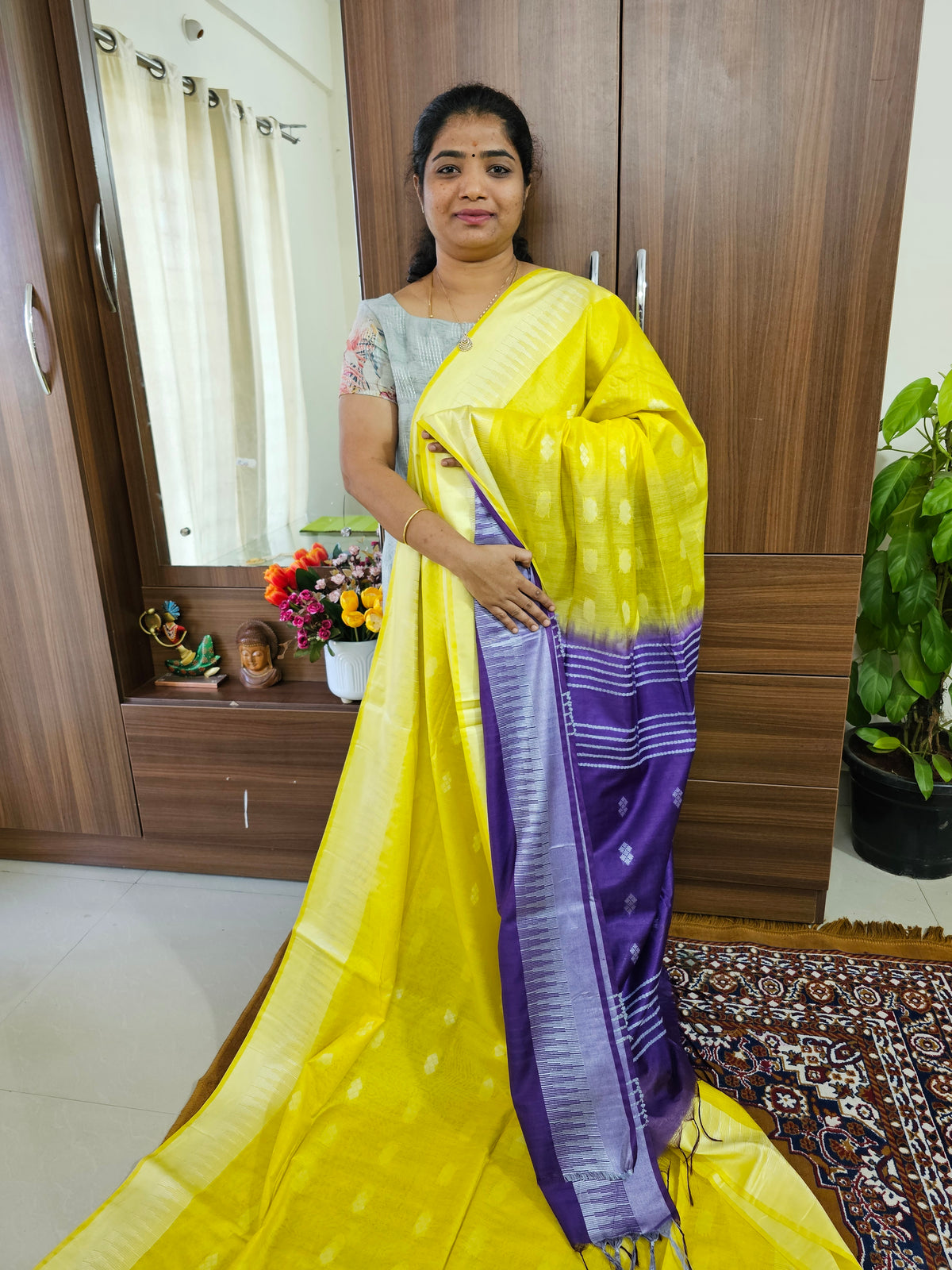 Bhagalpuri Silk Viscous Saree  - Yellow with Violet