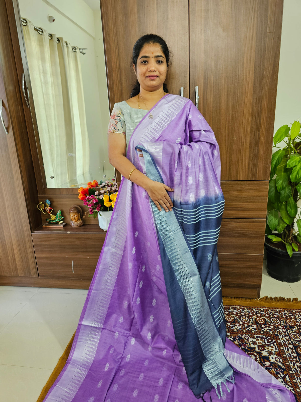 Bhagalpuri Silk Viscous Saree  - Lavender with Blue