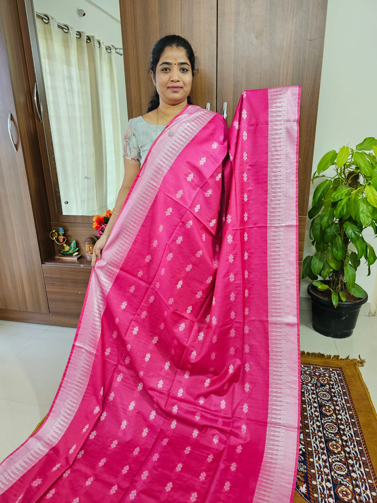 Bhagalpuri Silk Viscous Saree  -  Pink with Green