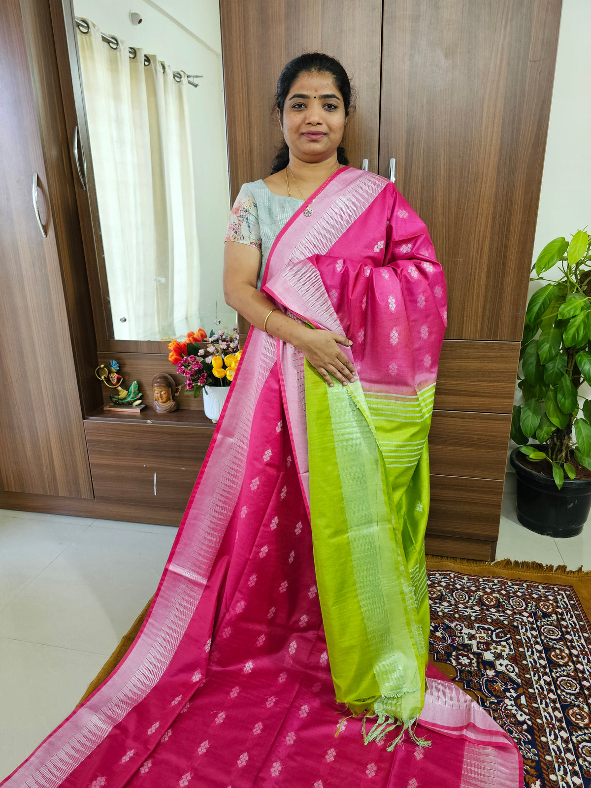 Bhagalpuri Silk Viscous Saree  -  Pink with Green