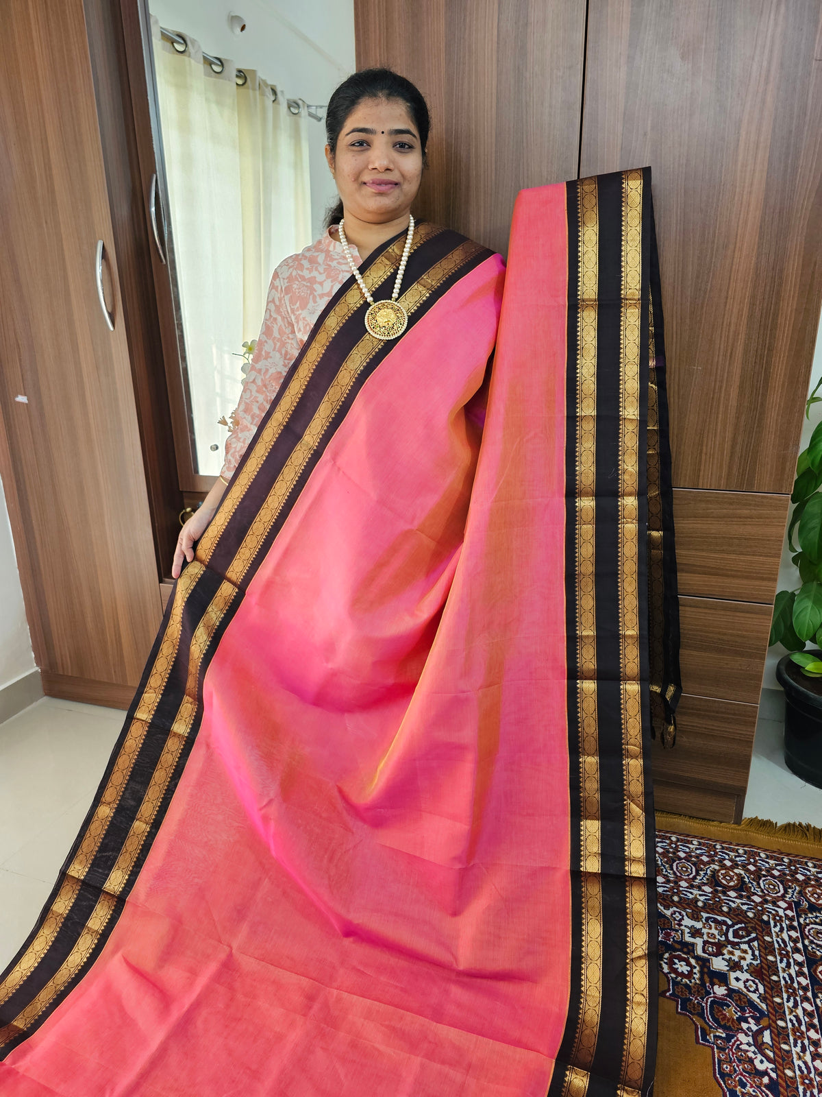 Peachish Pink with Brown Handloom Kanchi Silk Cotton