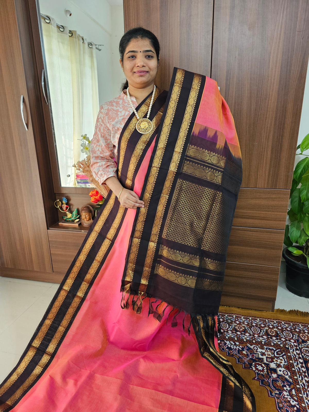 Peachish Pink with Brown Handloom Kanchi Silk Cotton