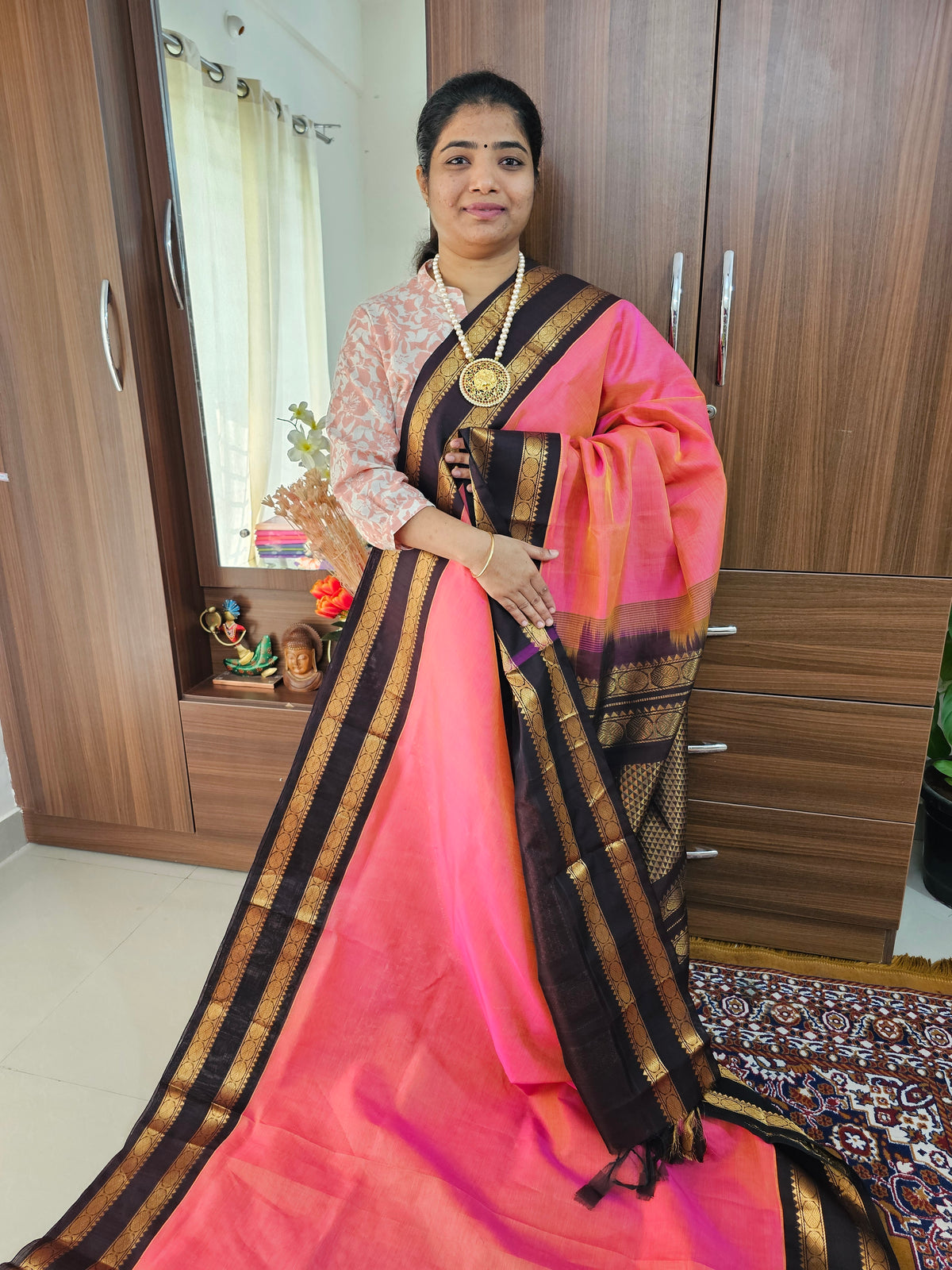 Peachish Pink with Brown Handloom Kanchi Silk Cotton