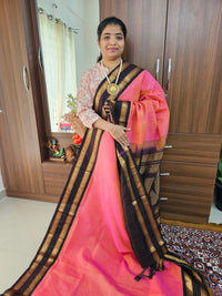 Peachish Pink with Brown Handloom Kanchi Silk Cotton