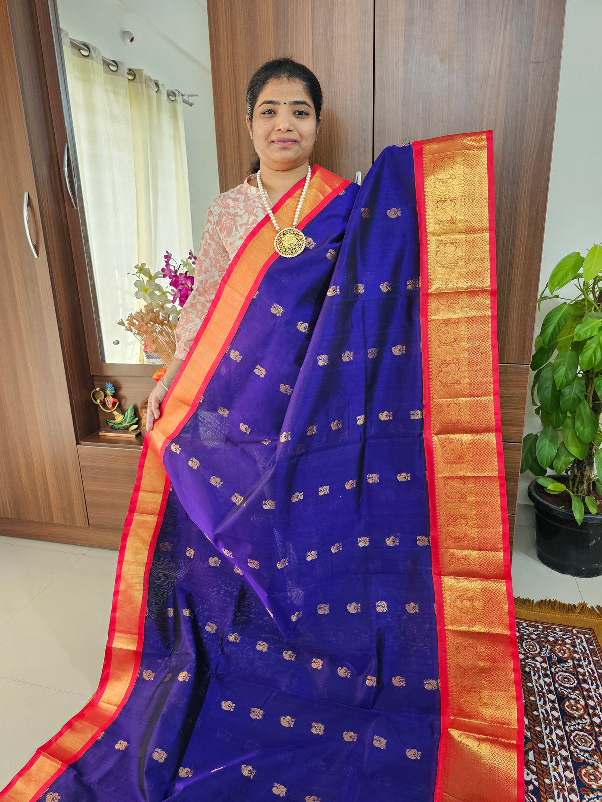 Dark Blue with Red Pallu Korvai Border Handloom Kanchi Silk Cotton