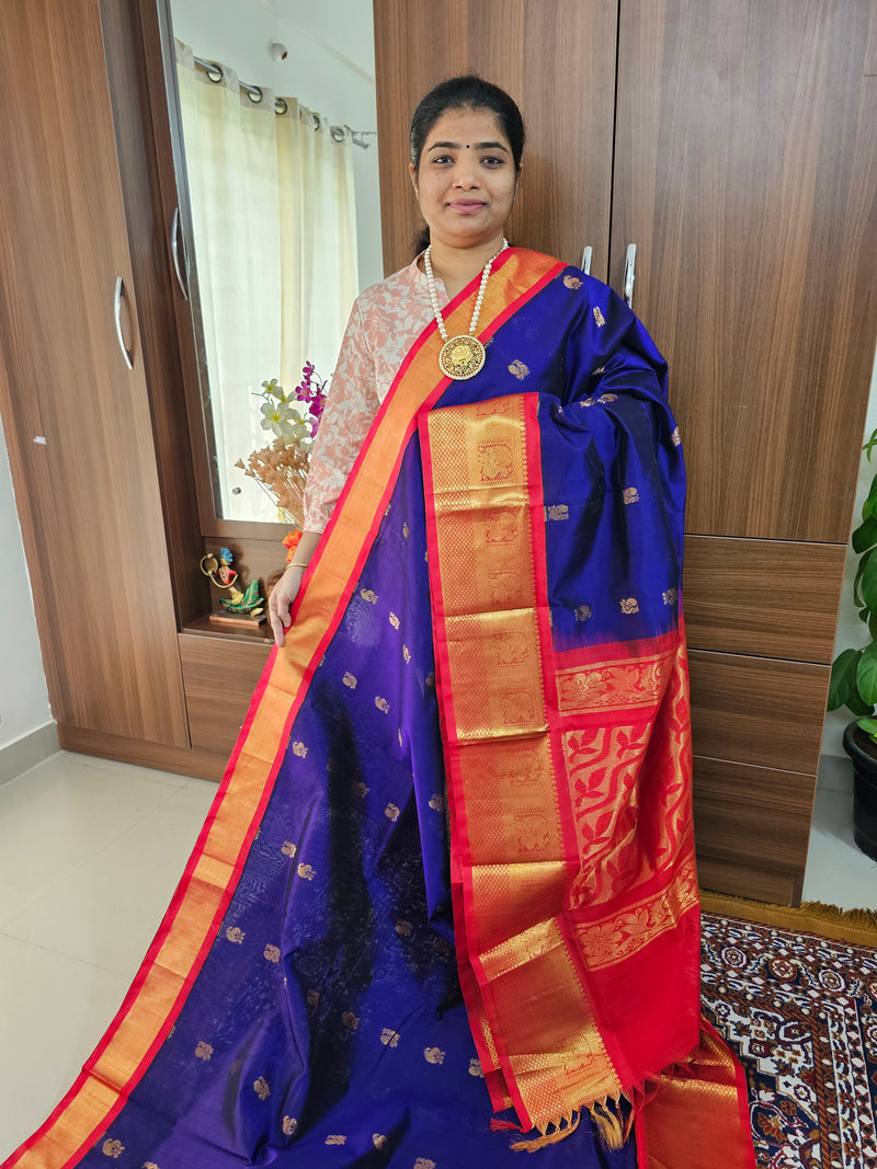 Dark Blue with Red Pallu Korvai Border Handloom Kanchi Silk Cotton