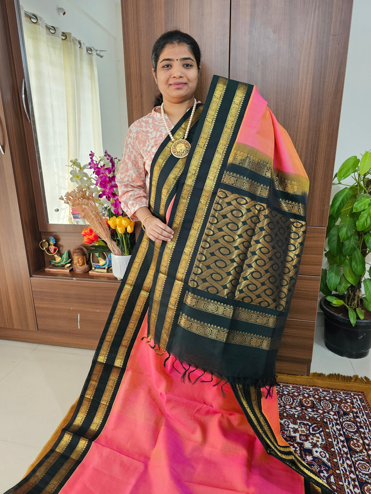 Peachish Pink with Bottle Green Handloom Kanchi Silk Cotton