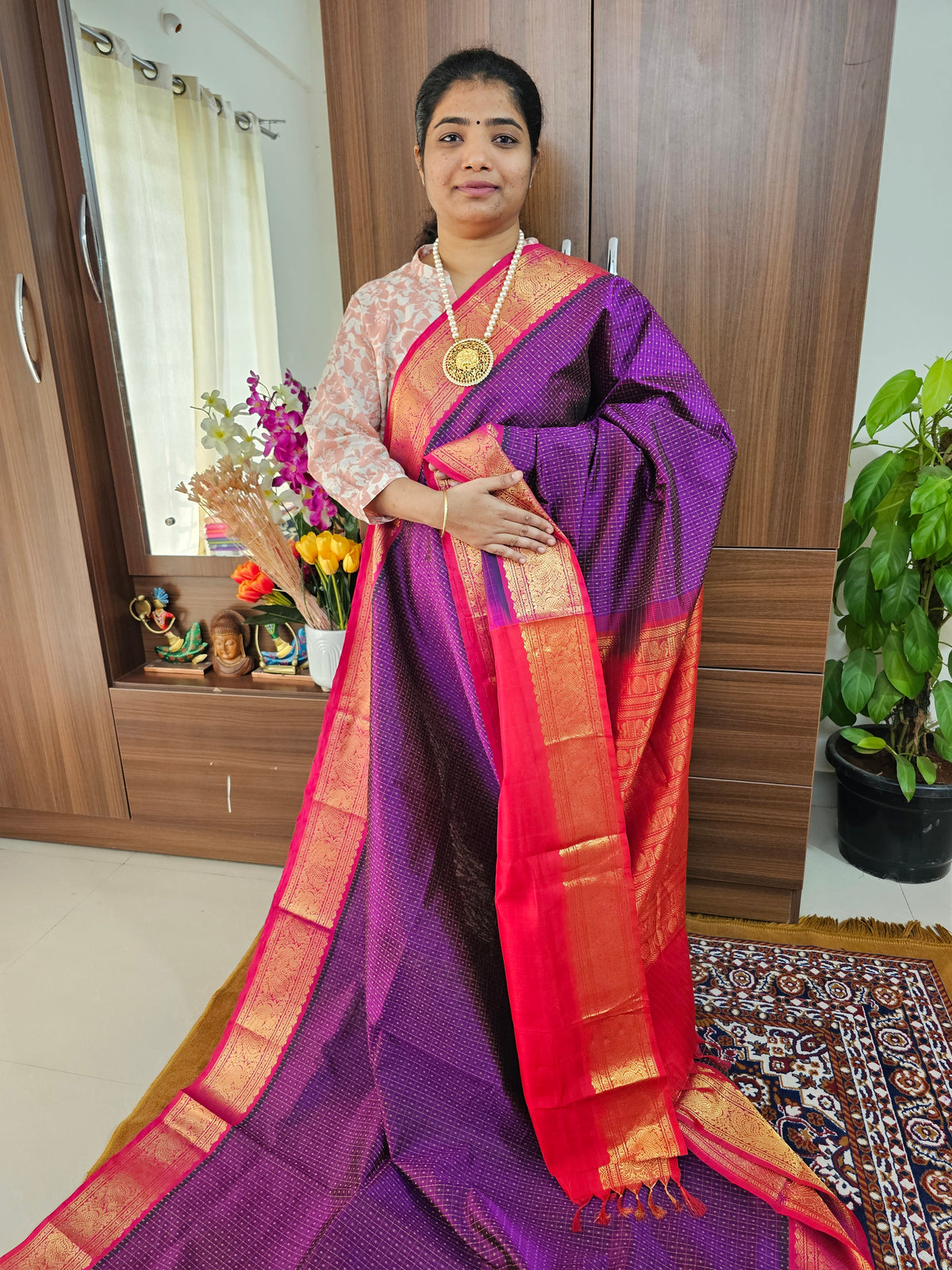 Purple with Red Lakshadeepam Handloom Kanchi Silk Cotton