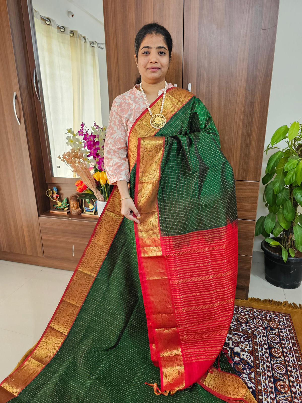 Bottle Green with Red Lakshadeepam Handloom Kanchi Silk Cotton