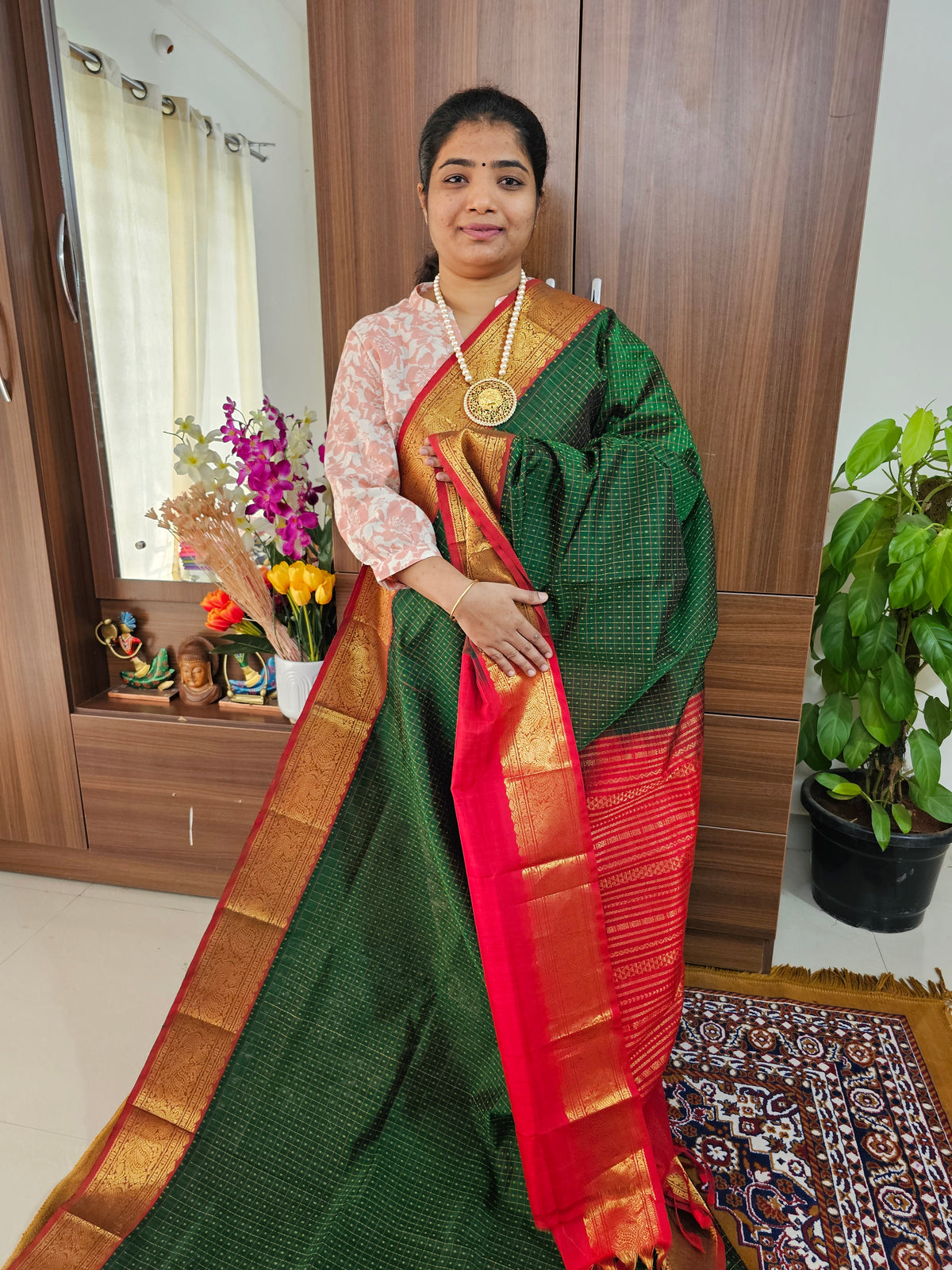 Bottle Green with Red Lakshadeepam Handloom Kanchi Silk Cotton