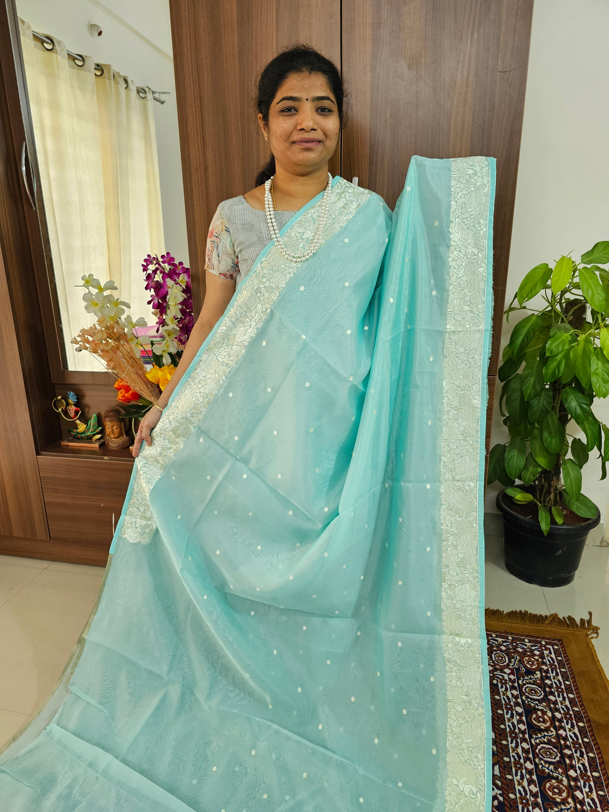 Organza Parsi Gara Saree  - Sea Blue