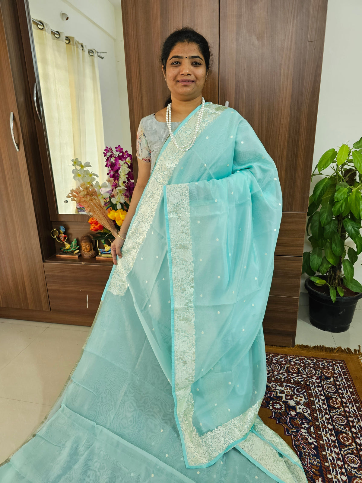 Organza Parsi Gara Saree  - Sea Blue