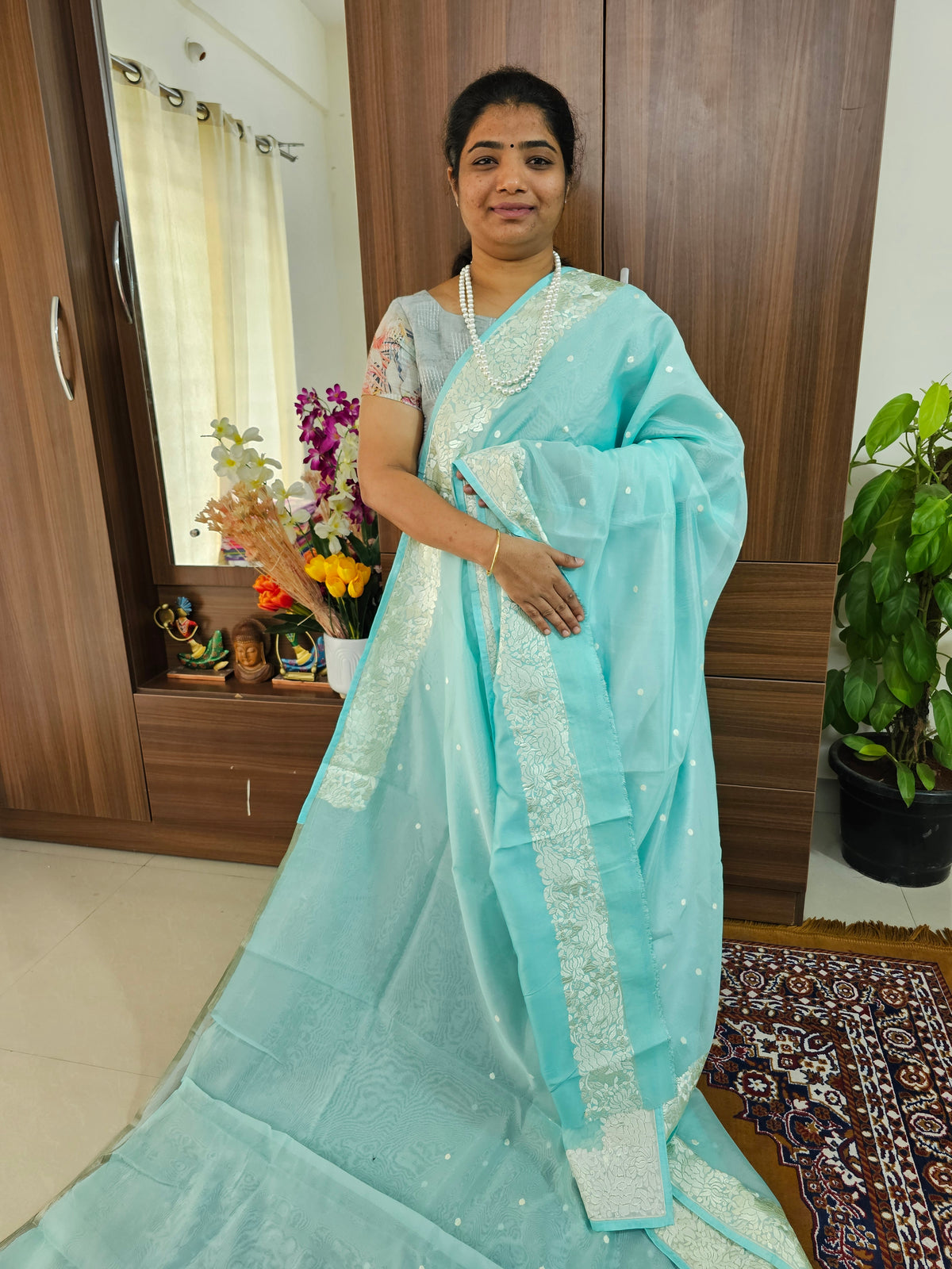 Organza Parsi Gara Saree  - Sea Blue