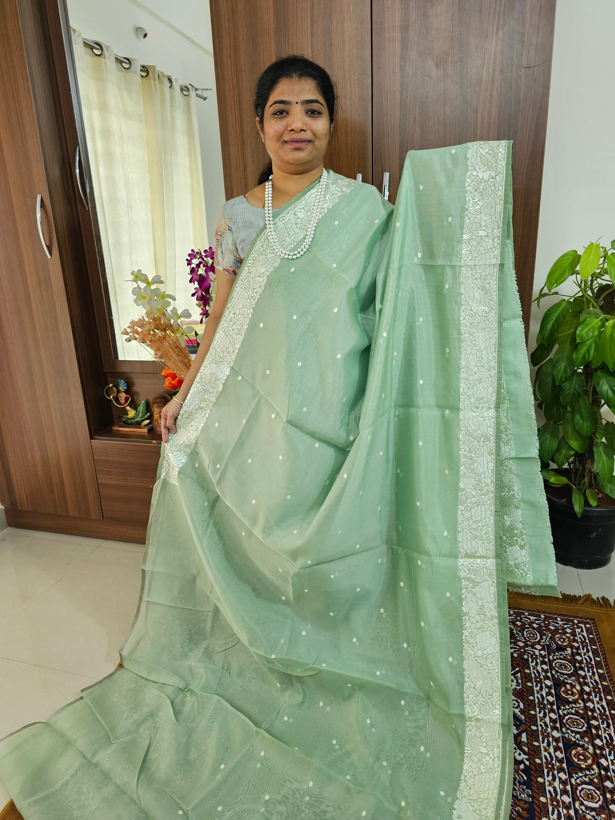 Organza Parsi Gara Saree  - Sea Green