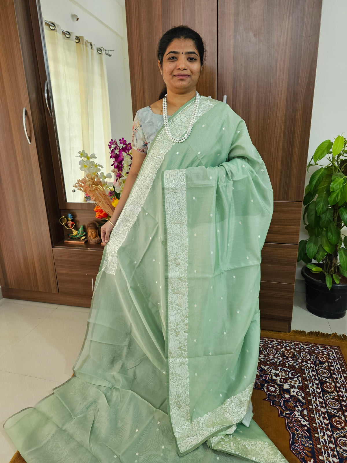 Organza Parsi Gara Saree  - Sea Green