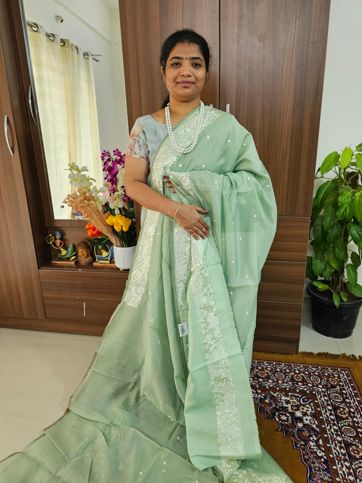 Organza Parsi Gara Saree  - Sea Green