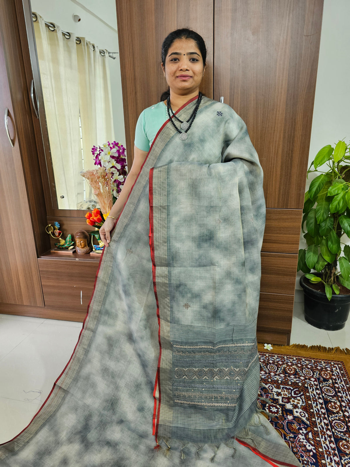 Tissue Linen with Kutch Embroidery Sarees -  Grey with Red Border