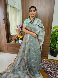 Tissue Linen with Kutch Embroidery Sarees -  Grey with Red Border