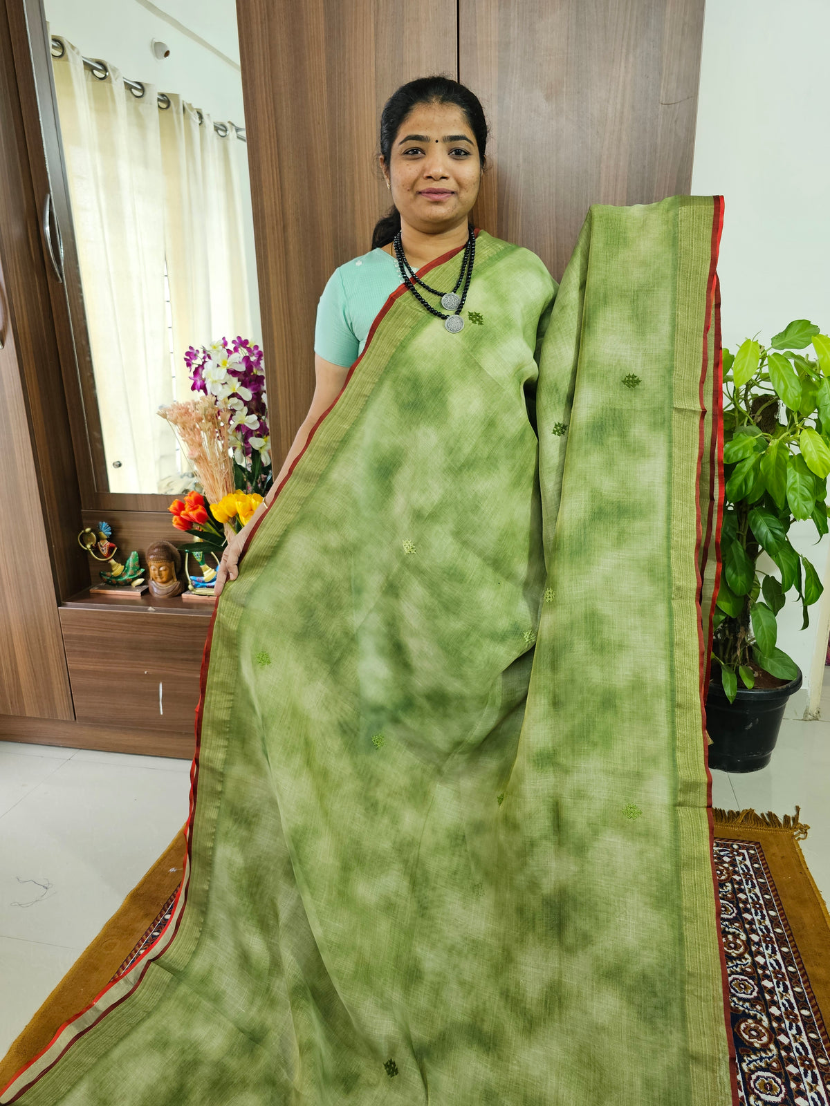 Tissue Linen with Kutch Embroidery Sarees -  Green