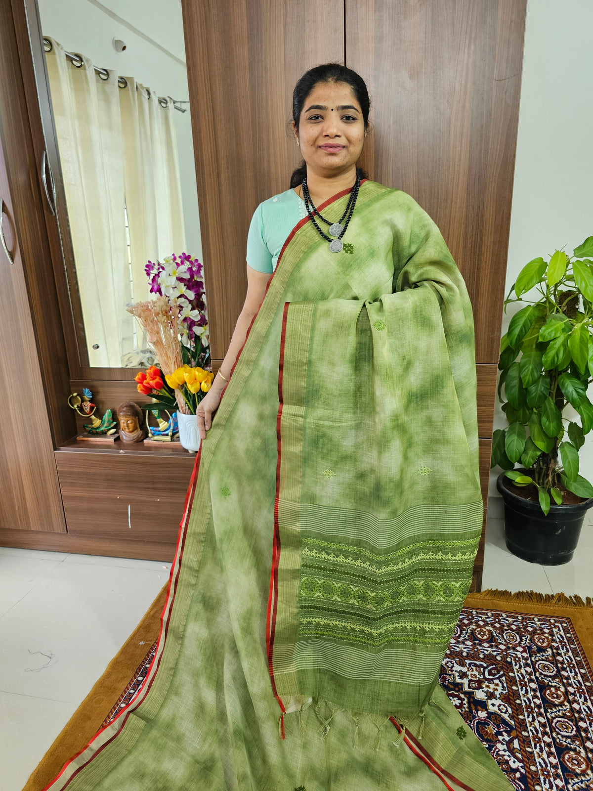 Tissue Linen with Kutch Embroidery Sarees -  Green