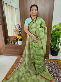 Tissue Linen with Kutch Embroidery Sarees -  Green