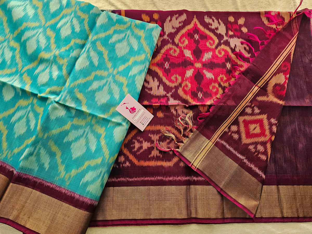 Blue with Magenta Pink Pochampally Ikkat Silk Cotton (SICO Pattu)