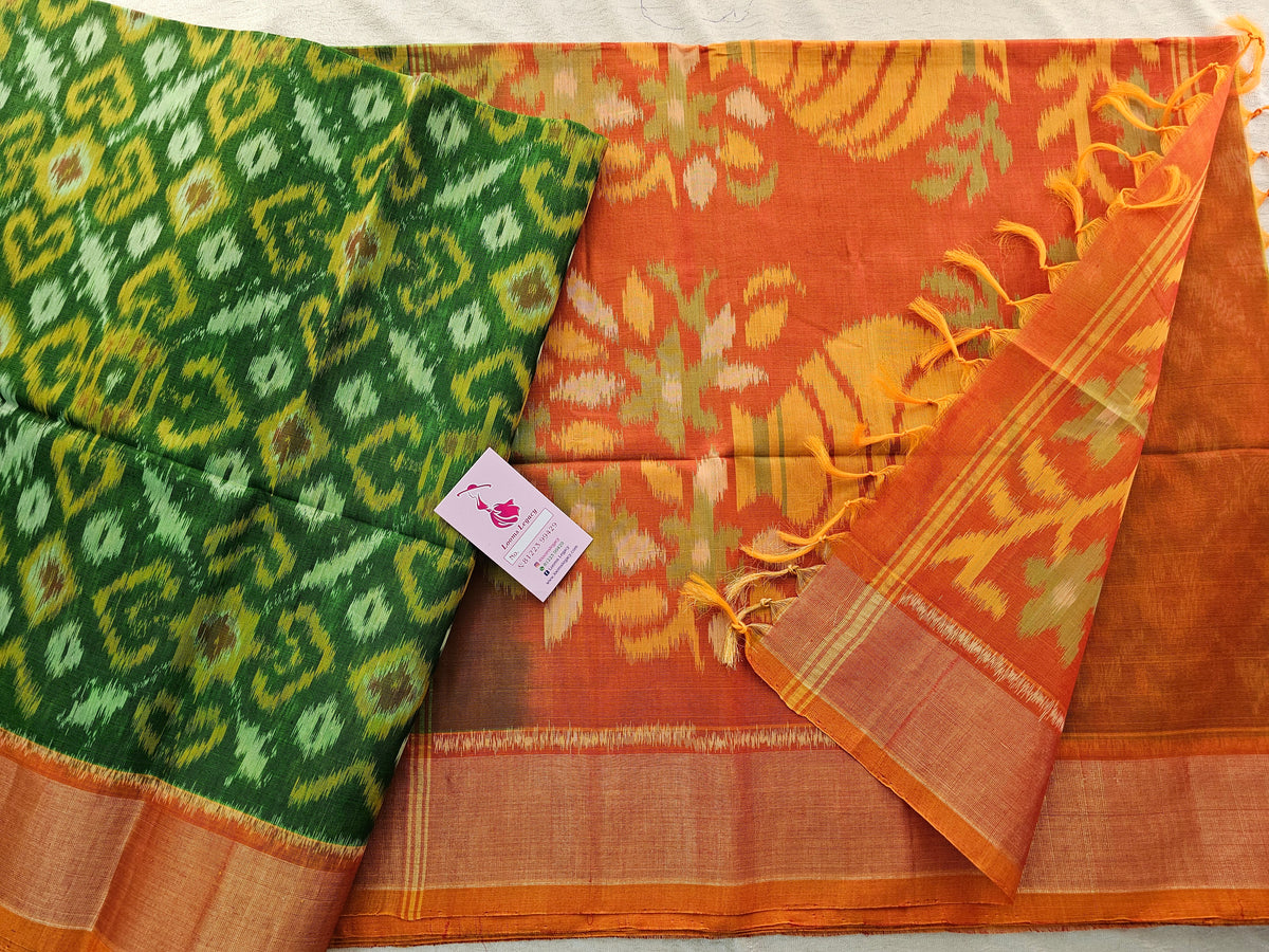 Dark Green with Orange  Pochampally Ikkat Silk Cotton (SICO Pattu)