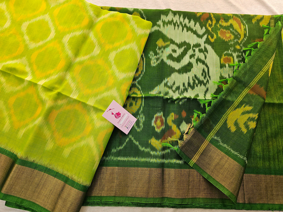 Parrot Green with Green Pochampally Ikkat Silk Cotton (SICO Pattu)