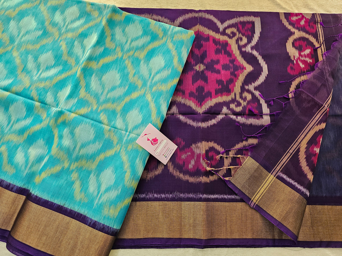 Blue with Dark Purple Pochampally Ikkat Silk Cotton (SICO Pattu)