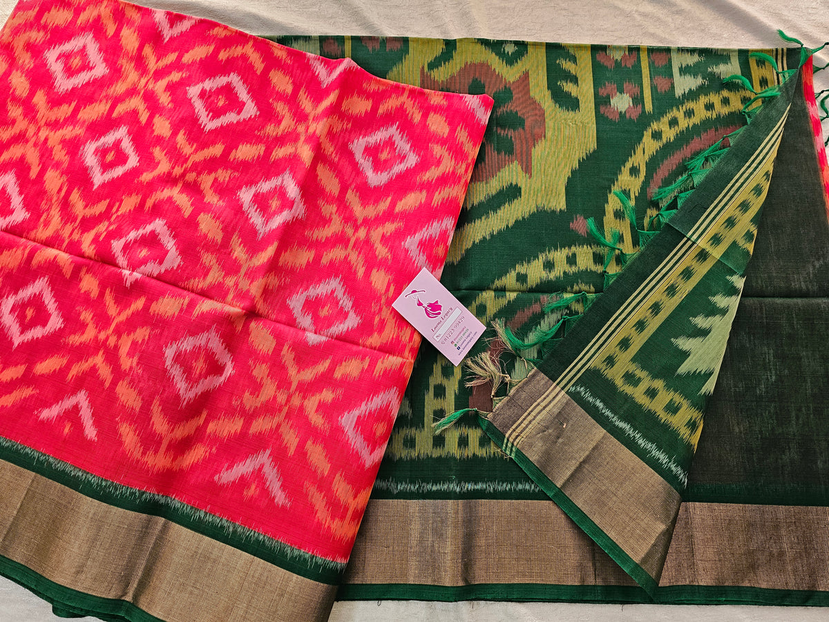 Red with Dark Green Pochampally Ikkat Silk Cotton (SICO Pattu)