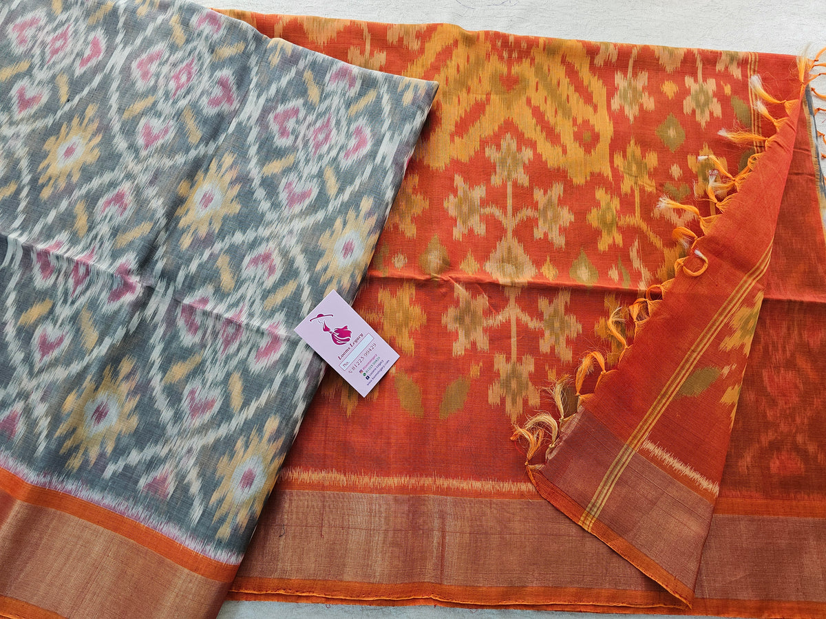 Grey with Orange  Pochampally Ikkat Silk Cotton (SICO Pattu)