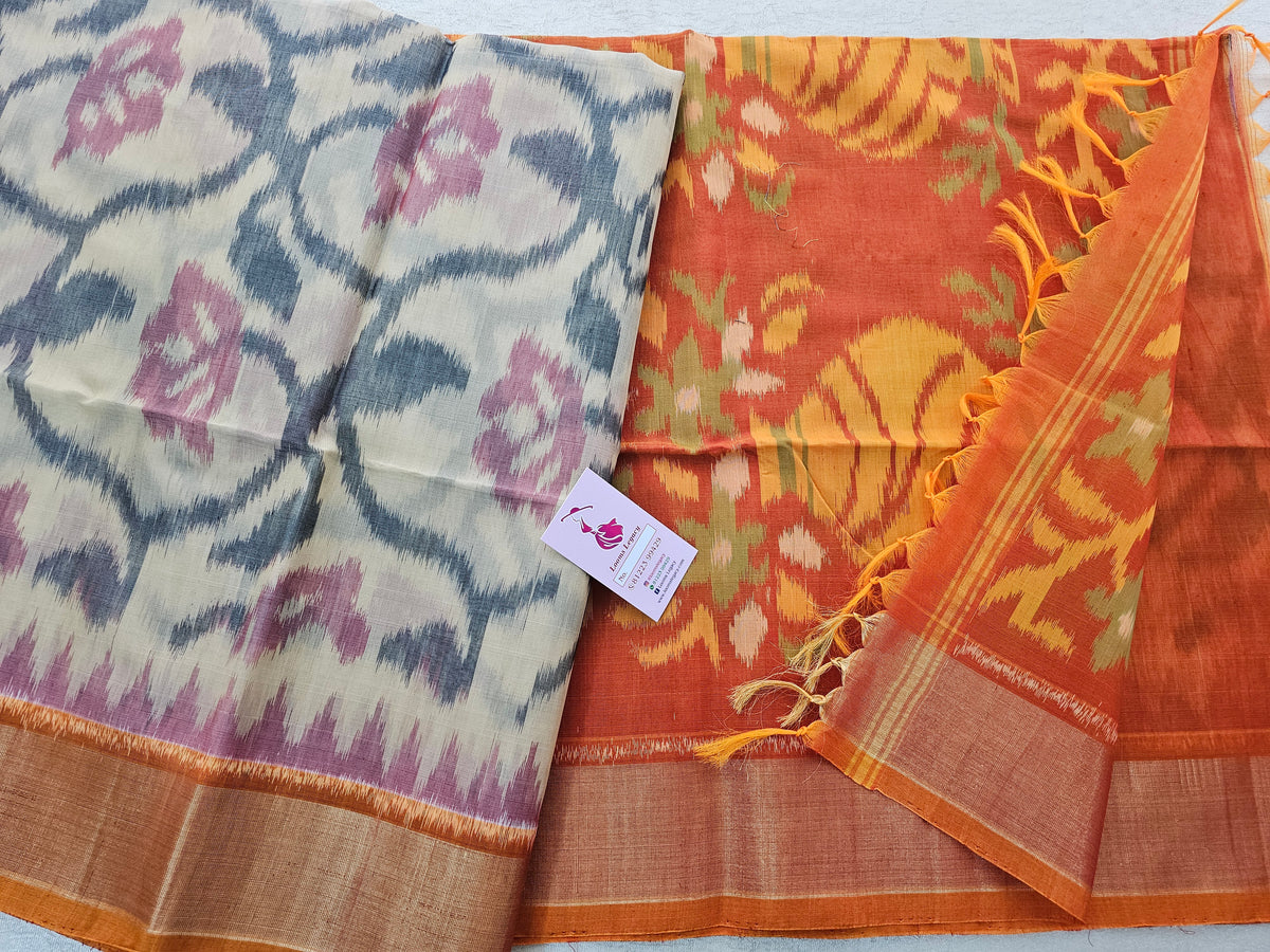 Cream with Orange Pochampally Ikkat Silk Cotton (SICO Pattu)