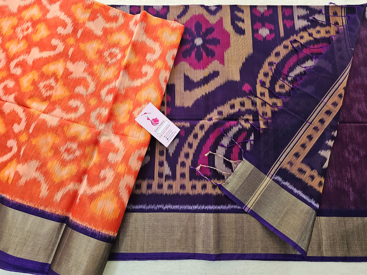 Dark Orange with Dark Purple Pochampally Ikkat Silk Cotton (SICO Pattu)