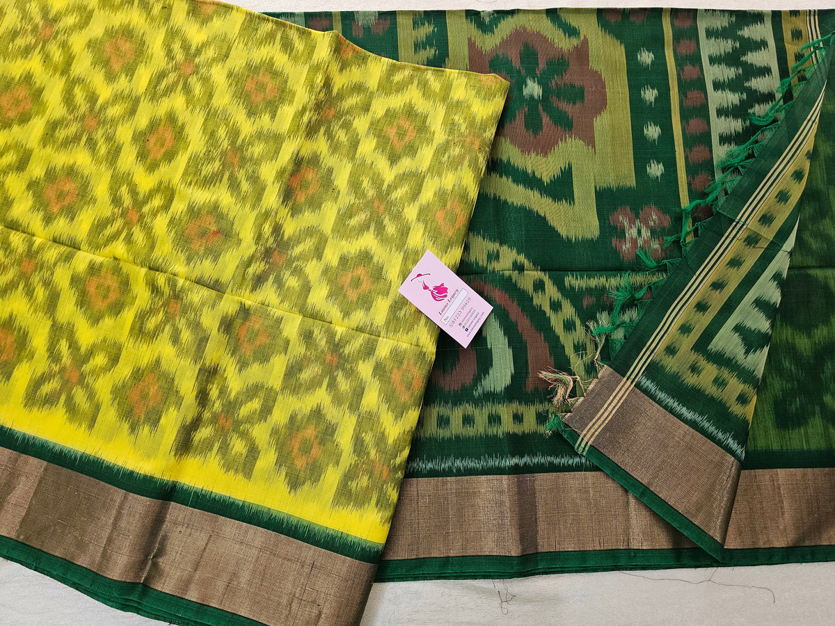 Yellow with Green Pochampally Ikkat Silk Cotton (SICO Pattu)