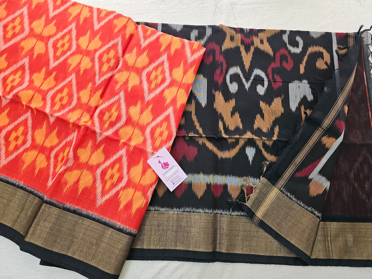 Dark Orange with Black Pochampally Ikkat Silk Cotton (SICO Pattu)