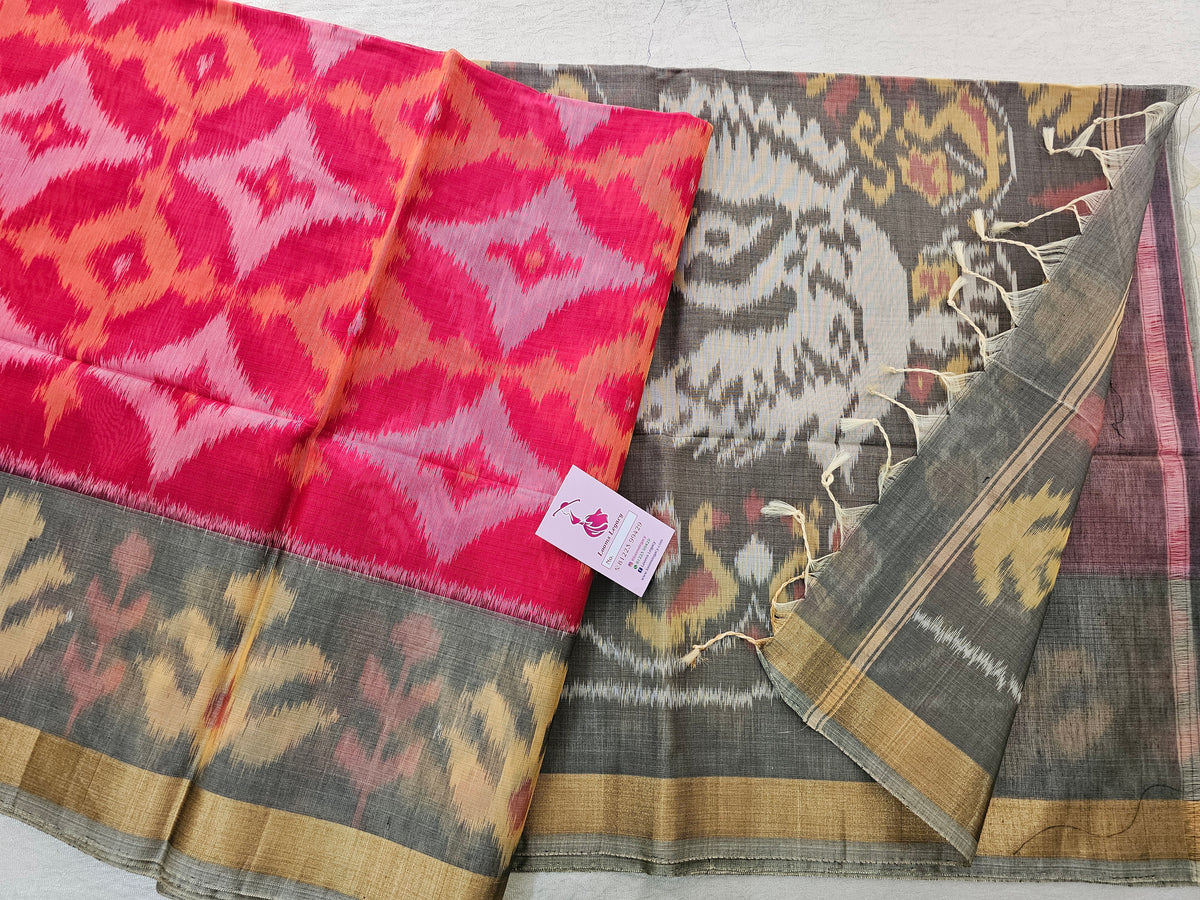 Reddish Pink with Grey Pochampally Ikkat Silk Cotton (SICO Pattu)