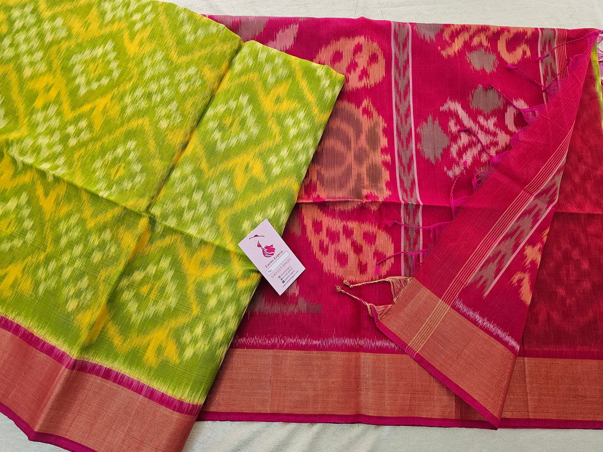 Green with Pink Pochampally Ikkat Silk Cotton (SICO Pattu)