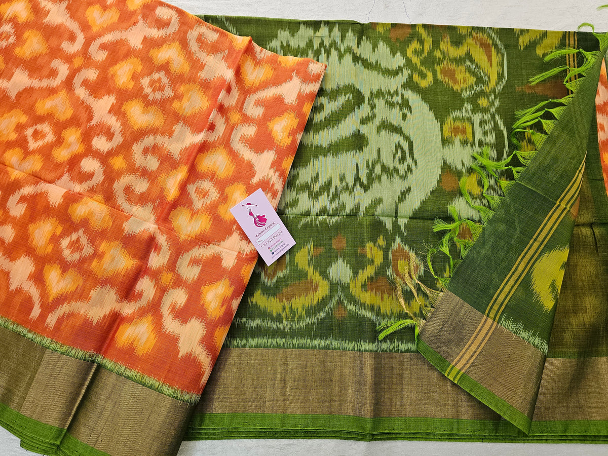 Orange with Green Pochampally Ikkat Silk Cotton (SICO Pattu)