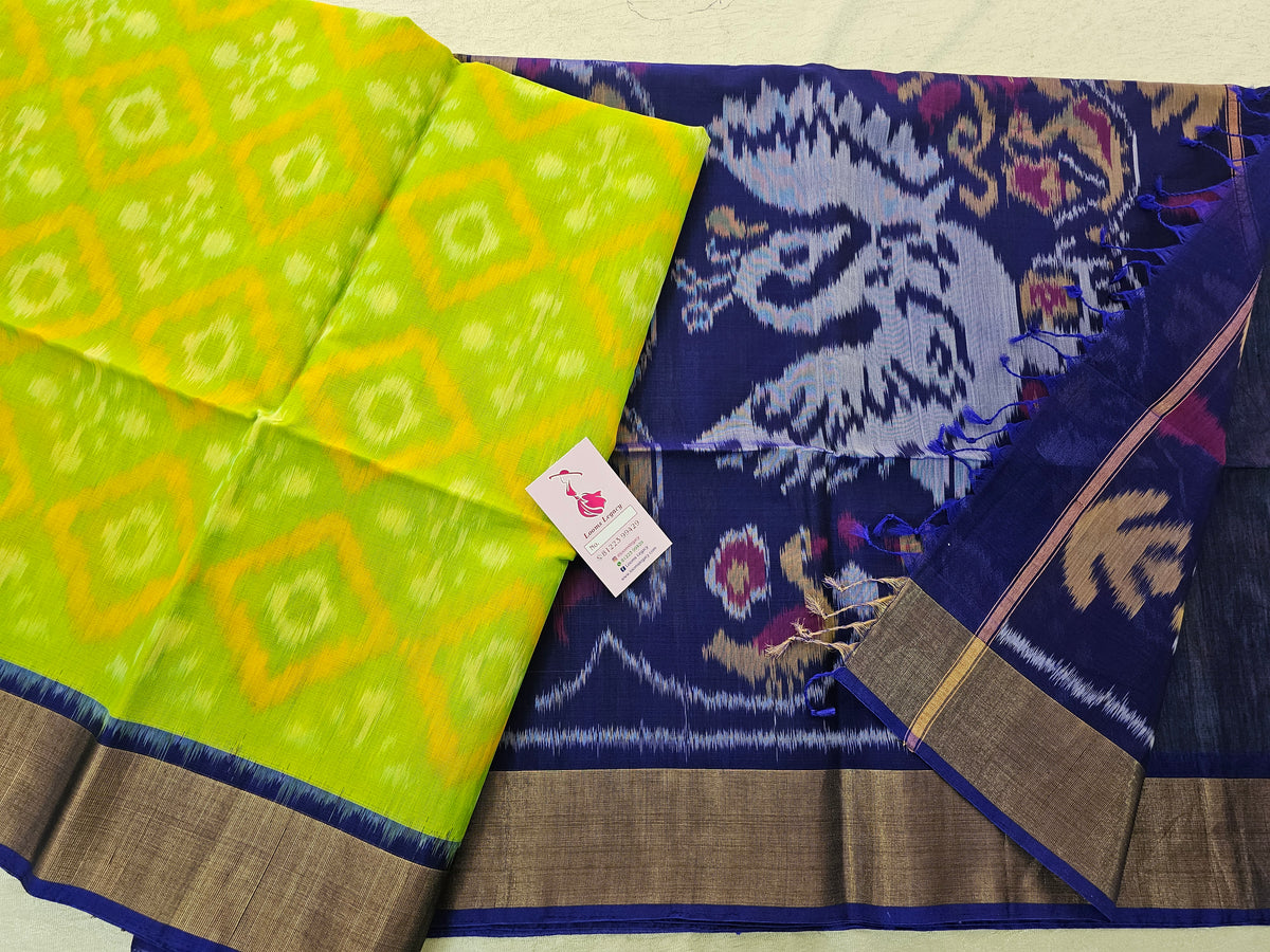 Green with Dark Blue Pochampally Ikkat Silk Cotton (SICO Pattu)