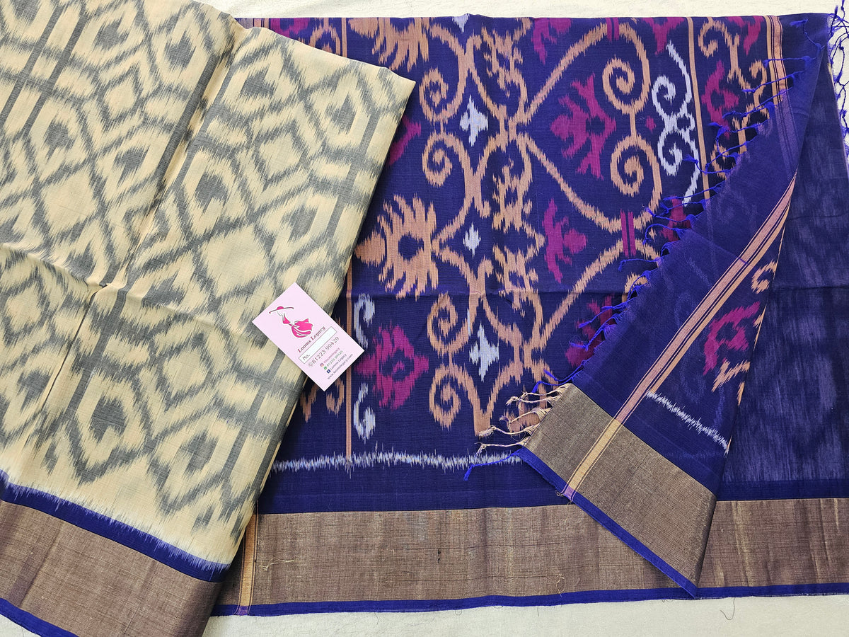 Cream with Blue Pochampally Ikkat Silk Cotton (SICO Pattu)