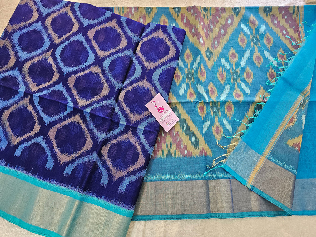 Dark Blue with Sky Blue Pochampally Ikkat Silk Cotton (SICO Pattu)