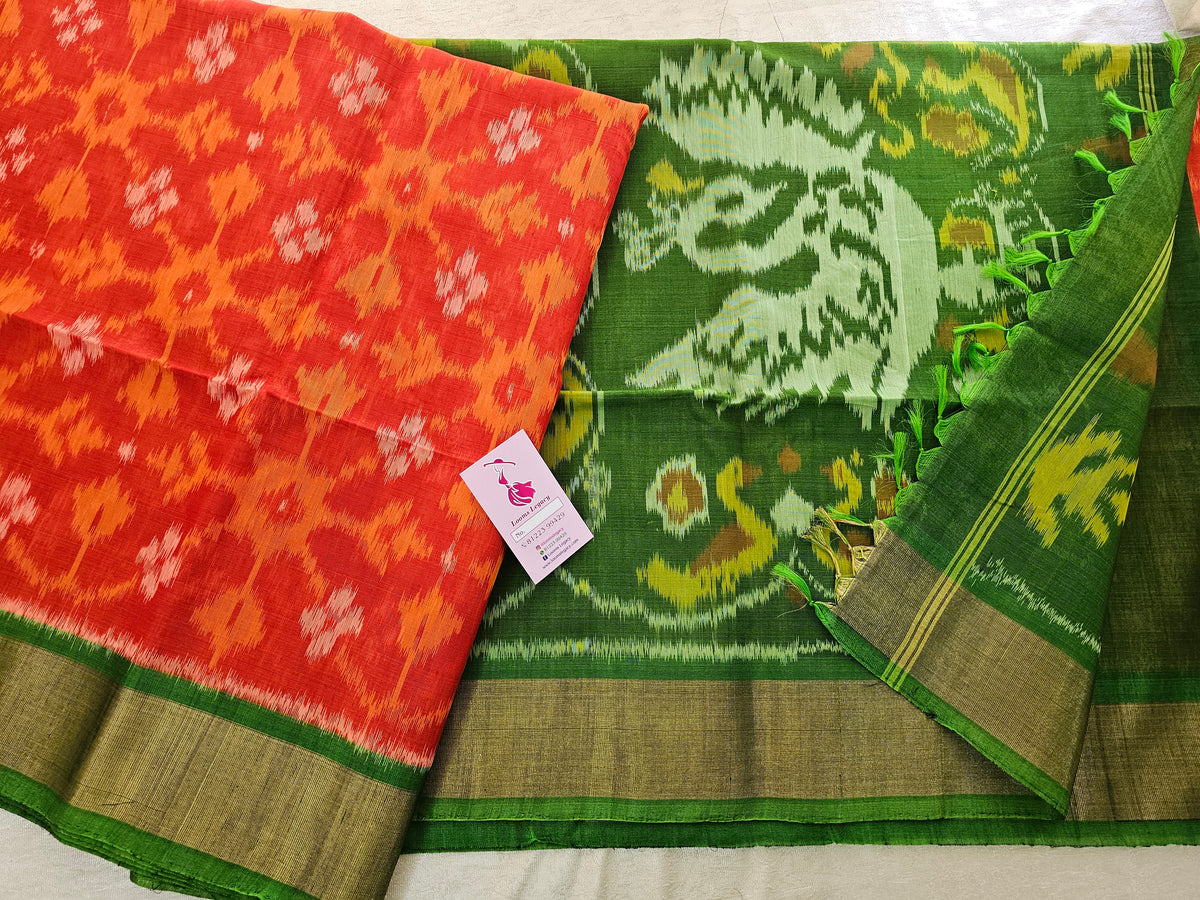 Orange with Green Pochampally Ikkat Silk Cotton (SICO Pattu)