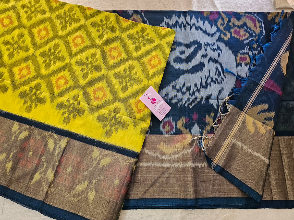 Yellow with Peacock Green Pochampally Ikkat Silk Cotton (SICO Pattu)