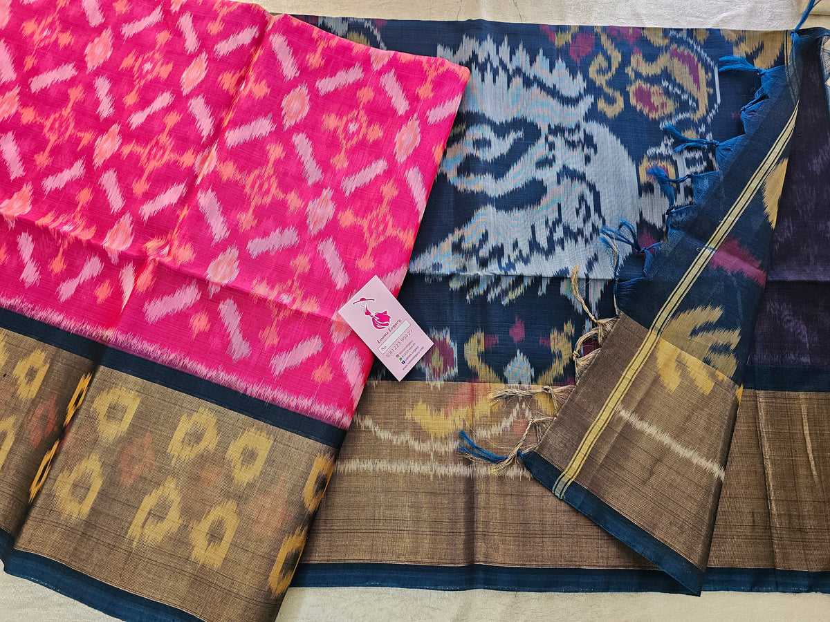 Pink with Peacock Green Pochampally Ikkat Silk Cotton (SICO Pattu)