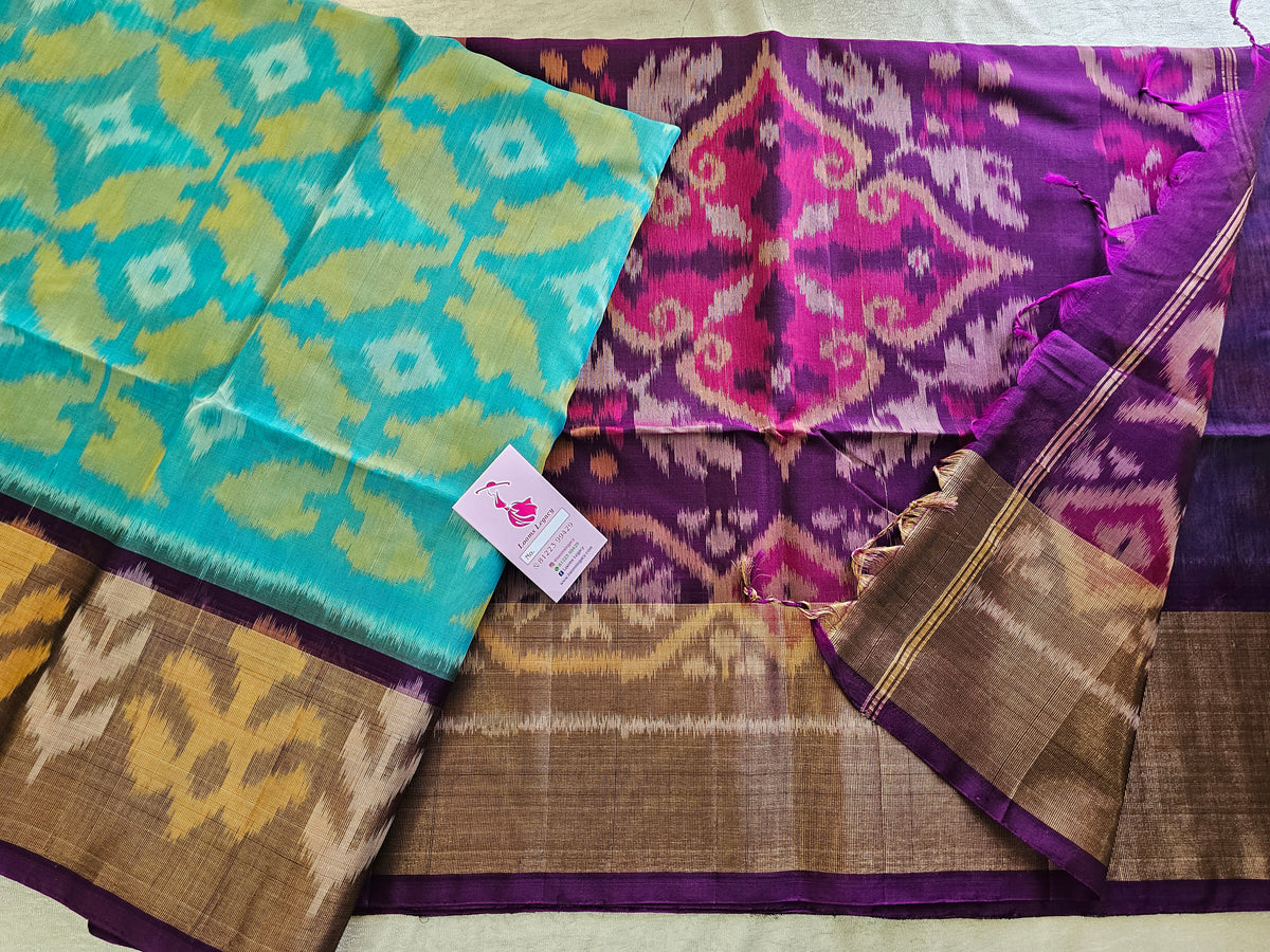 Blue with Dark Purple  Pochampally Ikkat Silk Cotton (SICO Pattu)