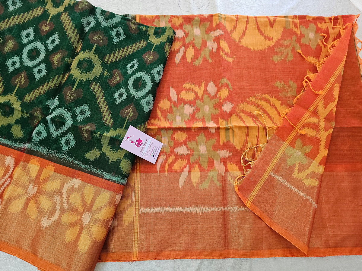 Dark Green with Orange Pochampally Ikkat Silk Cotton (SICO Pattu)